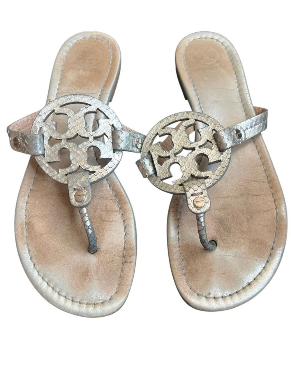 Tory Burch Miller Metallic Silver Snake-Embossed Sandals sz 8